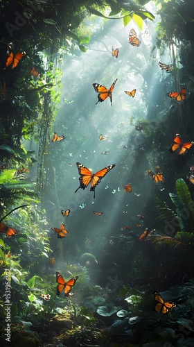 sunlight and dancing butterfly forest landscape illustration poster background