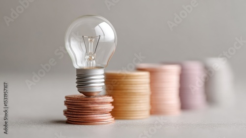 Rising Utility Costs Concept with Clear Light Bulb on Stacked Coins and Blurred Financial Documents - Energy Inflation and Price Adjustment Symbol photo