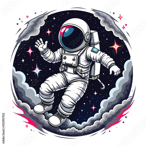Astronaut floating in space within a circular frame surrounded by stars and clouds