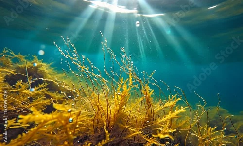 Underwater scene showcasing vibrant seaweed with sunlight filtering through water, creating a serene ambiance