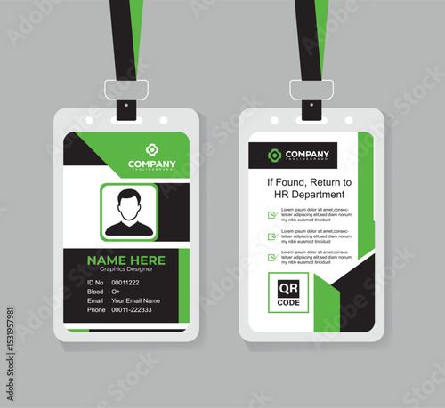 Professional Modern ID Card Template for Corporate Staff and Employees Editable Design with QR Code in Green, Black, and White