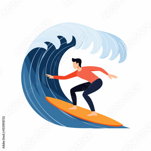 Bold surfer crouching on wave in minimal flat vector