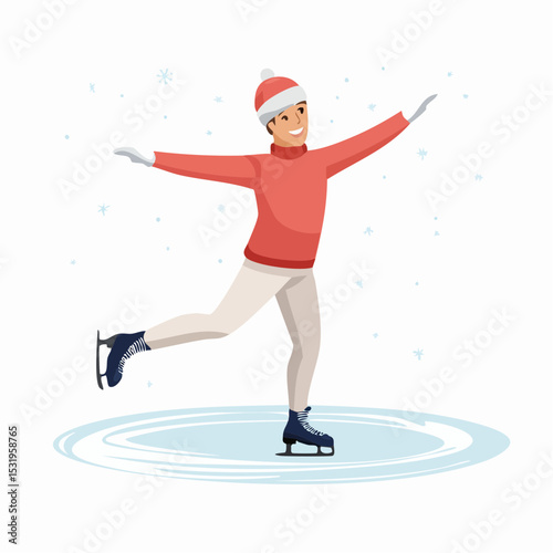 Elegant ice skater spinning mid-pose in clean minimal vector