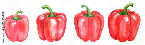 Fresh red bell peppers arranged in a row, showcasing vibrant colors and healthy shape.
