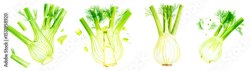 Fresh green celery stalks arranged in a vibrant display on a white background.
