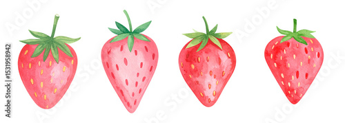 Four vibrant watercolor strawberries showcasing freshness and natural beauty.
