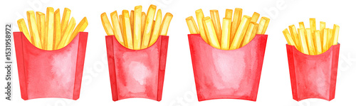Four red containers filled with crispy, golden French fries stacked together.