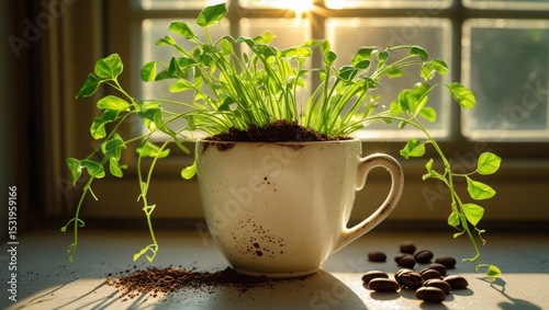 A cracked mug with sprouts greenery, fertilized with coffee grounds