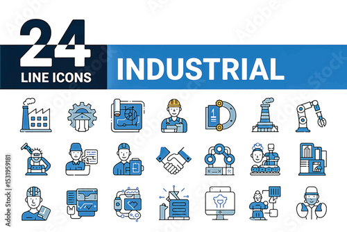 Industrial Line Icons: A comprehensive collection of 24 line icons that encapsulates the essence of industry, presented with a clean and modern design for diverse applications.