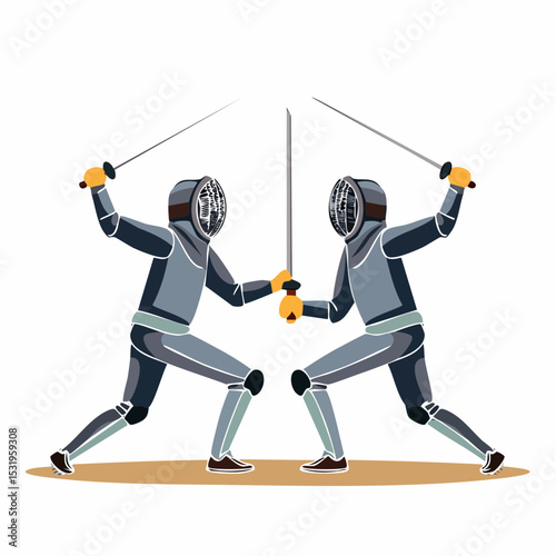 Stylized fencing duel with two fencers and crossed blades