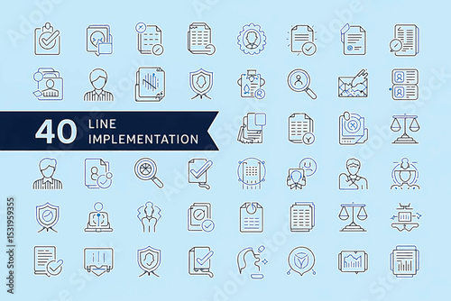 Line Implementation: A comprehensive set of 40 minimalist line icons, perfectly illustrating diverse facets of implementation and execution processes. Each icon offers a clean and contemporary visual.
