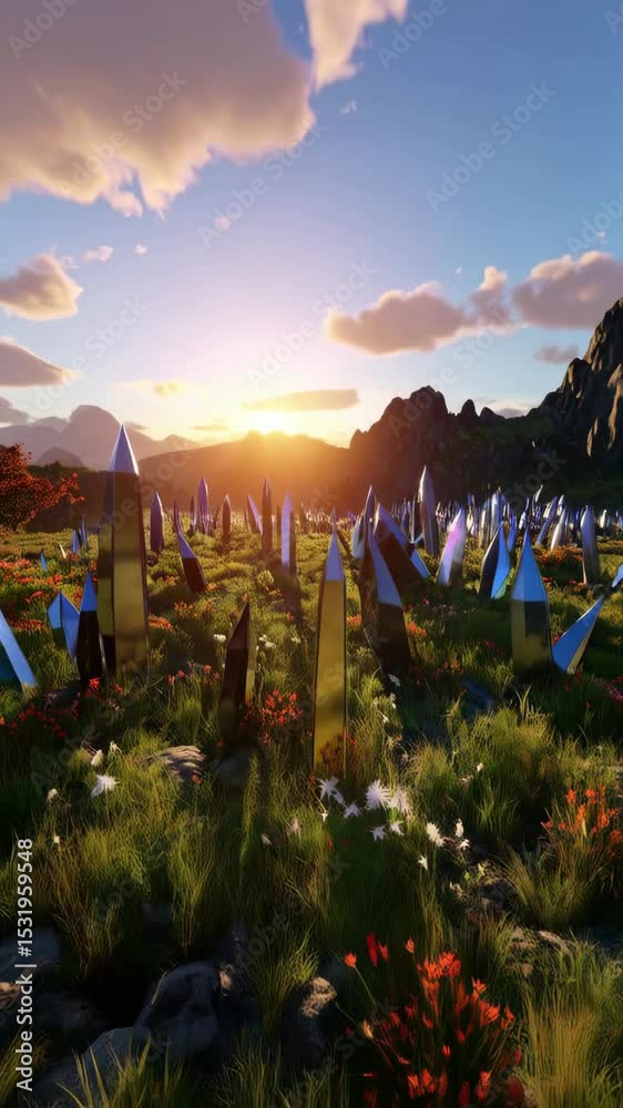 Field of metallic crystals rises to meet a vibrant sunset over mountains, creating surreal vista