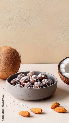Delicious plant-based snack with almonds and coconut flakes in a rustic kitchen setting