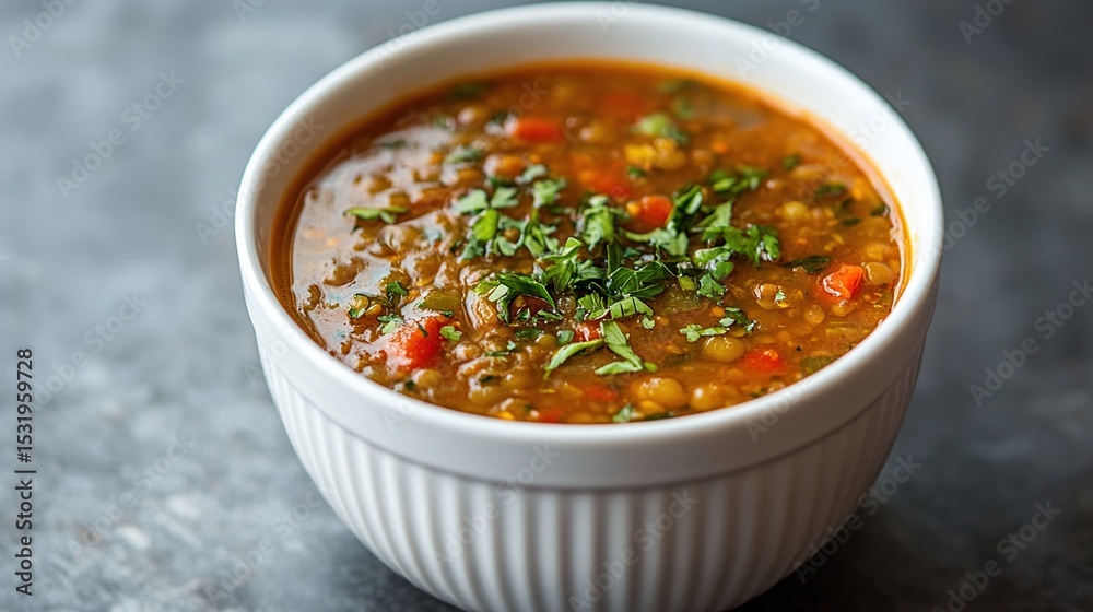 A white bowl filled with lentil soup, garnished with fresh parsley, sitting on a textured grey surface A white bowl filled with lentil soup, garnished with fresh parsley, sitting on a textured grey surface