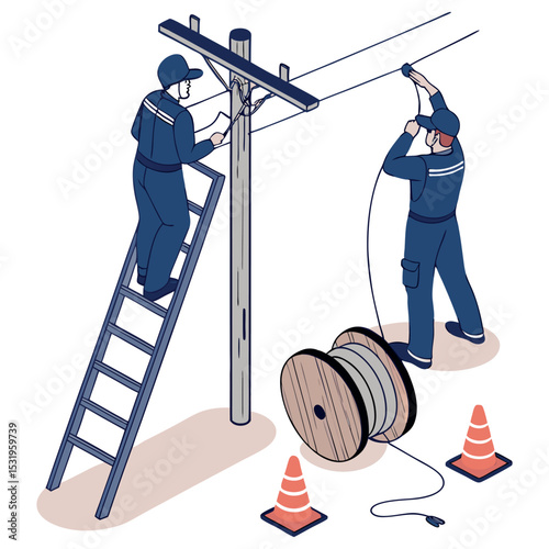 Isometric cartoon illustration of a technician crew working on broadband fiber optic installation on utility poles.