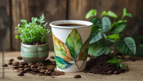 Eco-friendly coffee cup with leafy art, plants, and rustic earthy vibes