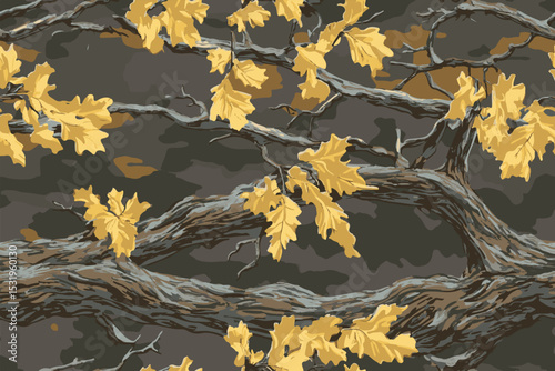 Camouflage seamless pattern. Forest real tree camouflage design. Hunting camouflage.