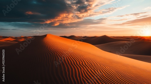 Dramatic desert vista, golden dunes under a sky painted with sunset colors