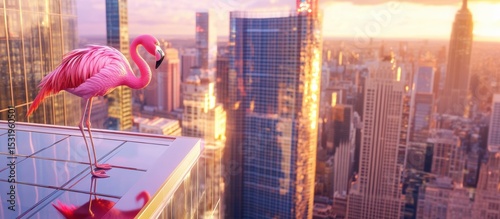 Flamingo perches on modern skyscraper at golden hour in urban skyline