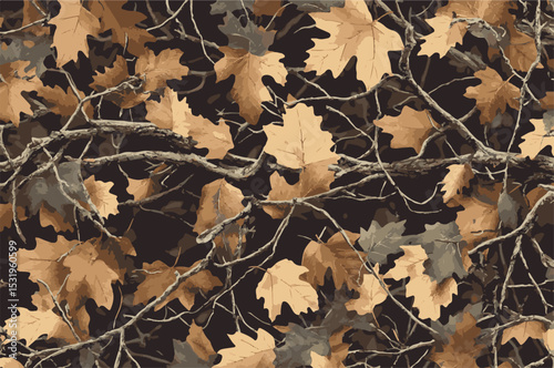 Real tree forest hunting camouflage seamless pattern design with barks and leaves. Camouflage repeat pattern