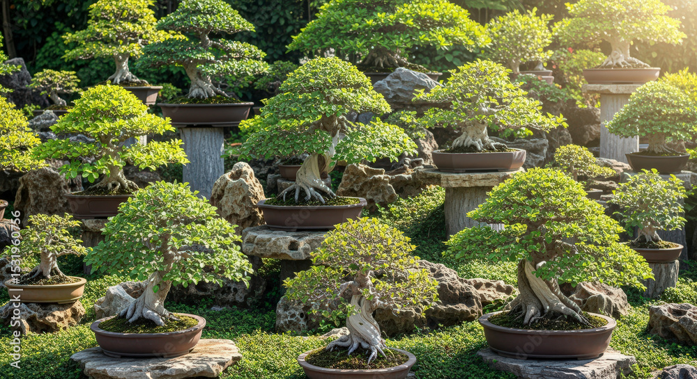 Fototapeta premium Array Of Lush Green Bonsai Trees Displayed Outdoors In A Serene Garden Setting Under Bright Sunlight