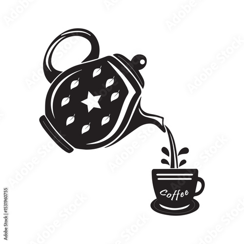 A stylized black and white illustration of a teapot pouring hot beverage into a cup.