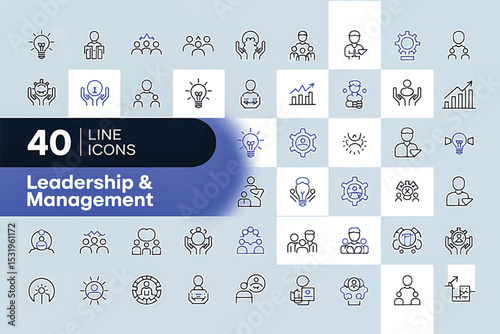 Leadership and Management Icons Set: A comprehensive collection of 40 line icons elegantly illustrating diverse concepts essential to leadership and management. Designed with a clean.