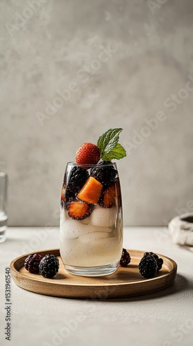 Berry-infused water in a glass showcasing mint leaves and fresh fruits on a wooden tray