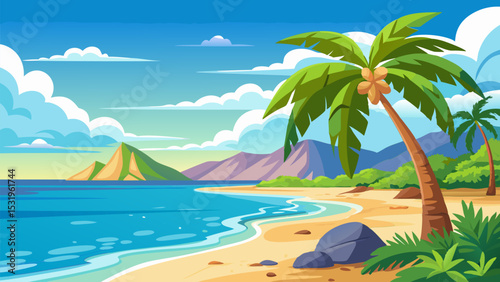 Serene Tropical Beach. Palm Trees. Ocean. and Sandy Shores