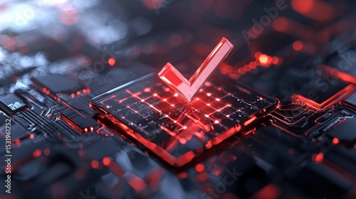 Red Glowing Check Mark on Circuit Board