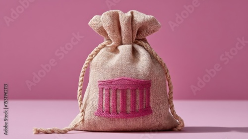 Sustainable burlap money bag with embroidered government building against pink background for modern regulated financial aid and institutional banking