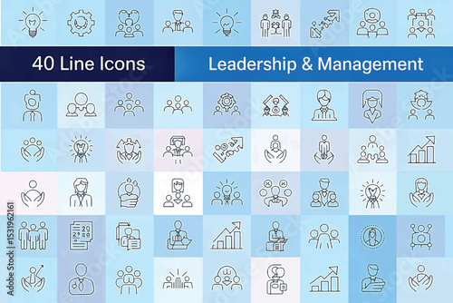 Leadership & Management Icons: A comprehensive set of 40 line icons representing leadership and management concepts in a clean, organized, and visually appealing manner.