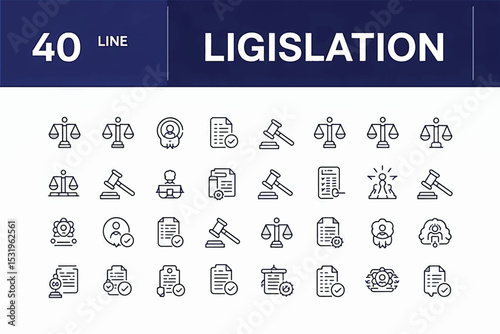 Legislation Line Icons: A comprehensive set of 40 detailed line icons representing various aspects of legislation, justice, and legal processes.