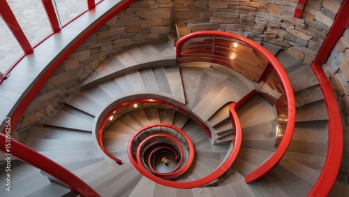Seashell-Inspired Spiral Staircase with Red Railing – Ginza, Tokyo