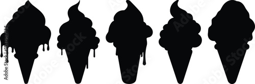 Black silhouette ice cream cone set, melting dessert icons collection, sweet frozen treat vector graphic, summer snack clipart, creamy ice cream shapes bundle