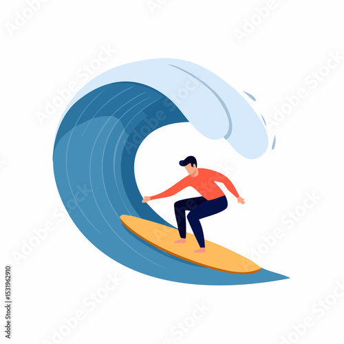 Bold surfer crouching on wave in minimal flat vector