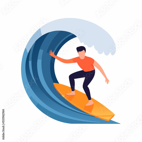 Bold surfer crouching on wave in minimal flat vector