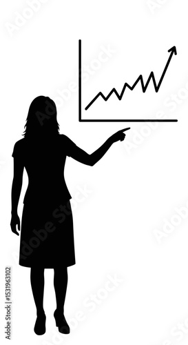 Businesswoman pointing at a rising trend graph during a presentation on a transparent background