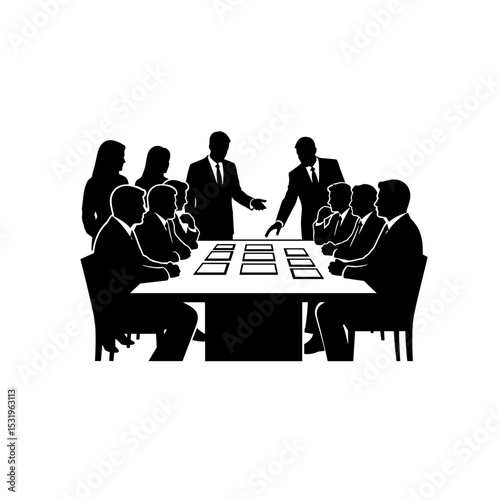 Group of professionals discussing projects at a meeting table on a transparent background