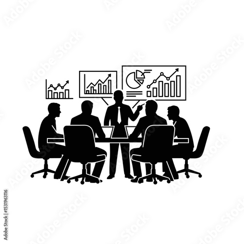 Business meeting with a presenter discussing data charts in a conference room on a transparent background
