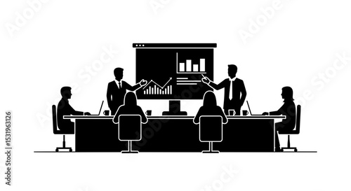 Business presentation with presenters showing data charts on a screen to an audience on a transparent background