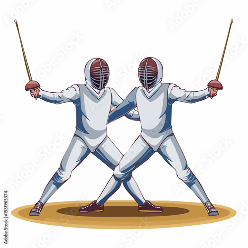 Stylized fencing duel with two fencers and crossed blades