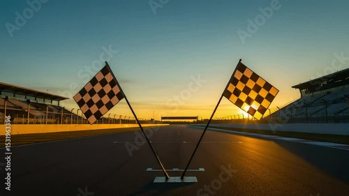 Race Track Finish Line with Checkered Flags at Sunset
