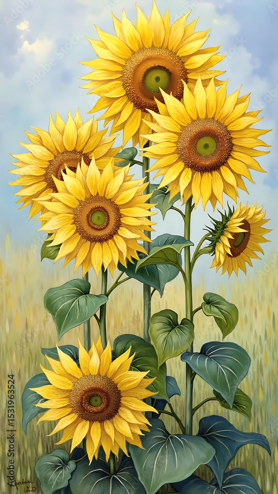 Obraz premium Vibrant Sunflowers Surrounded by Soft Blue Sky and Golden Fields in a Colorful Landscape Scene