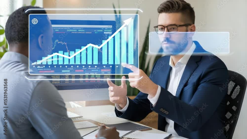 Two business professionals discuss financial data and market charts displayed on a computer in a modern office setting.