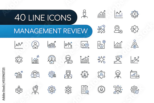 Modern Line Icons: A collection of clean, modern line icons for 'Management Review', symbolizing data analysis, progress, and strategic decision-making in a contemporary context.