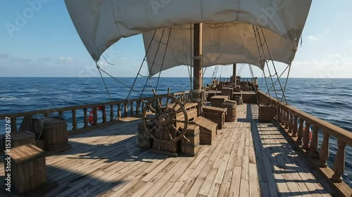 Sailing Ship Deck Navigating Open Ocean Under Clear Sky with Gentle Waves and Bright Sunlight