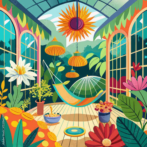 Serene Indoor Garden Retreat. Hammock. Sunflowers. and Lush Greenery
