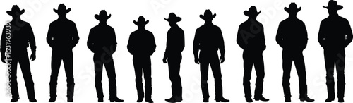 Cowboy men silhouette vector illustration, western ranch style characters in hats, standing male figures, country outfit pose, traditional cowboy culture