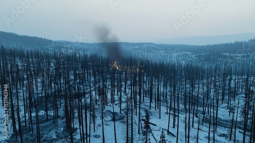 A winter forest landscape shows burned trees and lingering smoke, revealing recent wildfire devastation amid the snow.